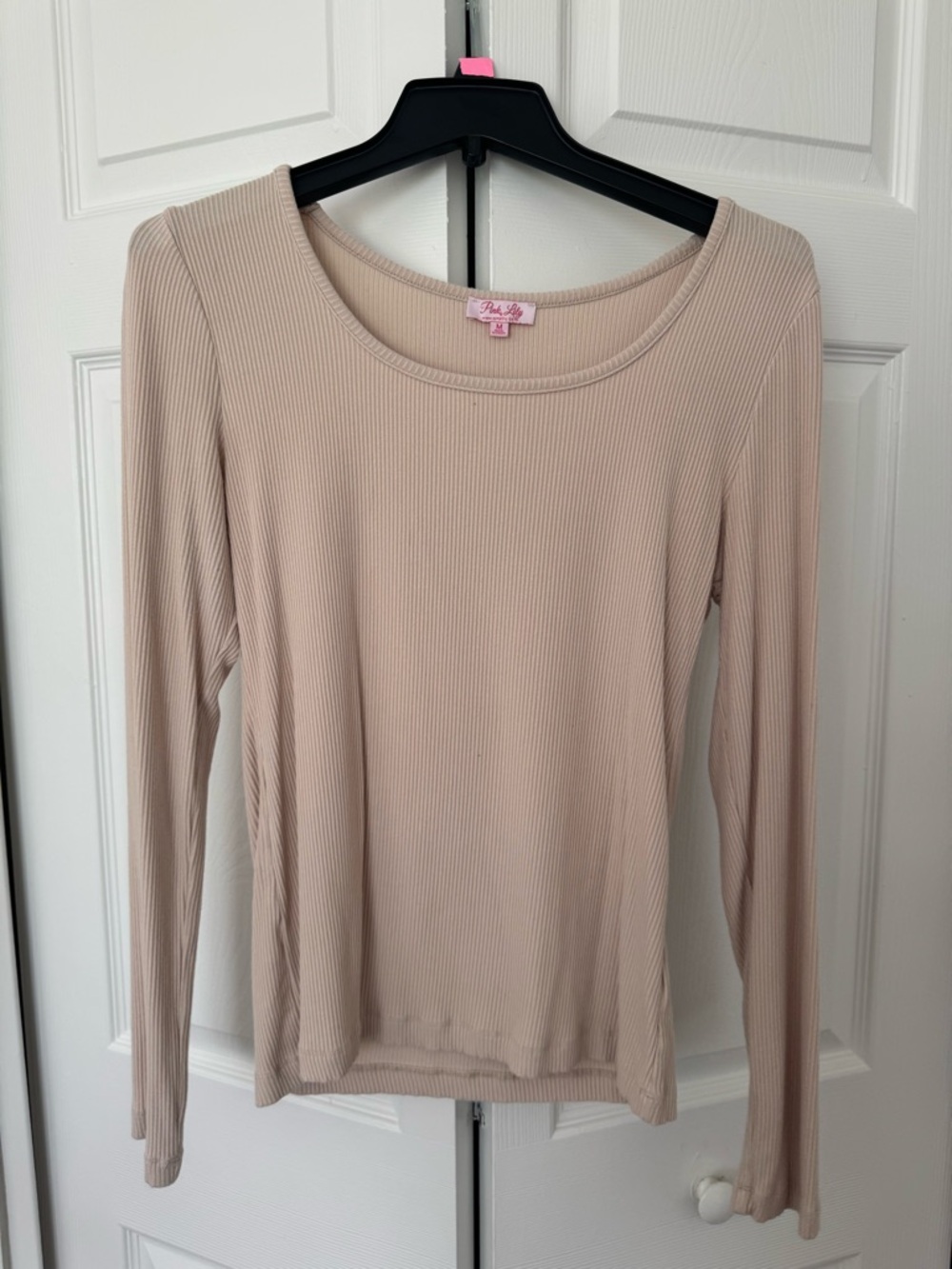 Pink Lily Ribbed Long Sleeve Scoop Neck Top in Beige